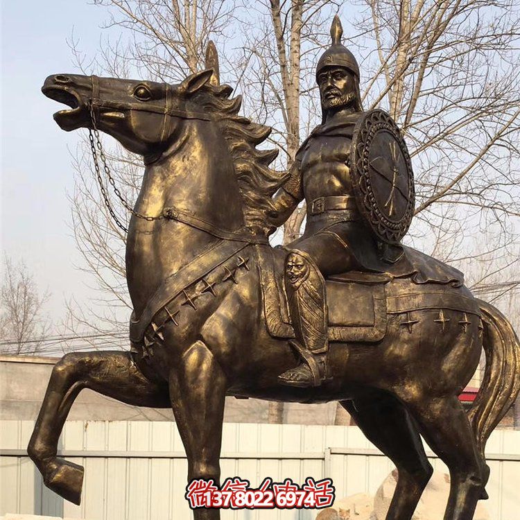 西方古代的騎馬士兵銅雕，手持盾牌騎馬身上的西方戰士